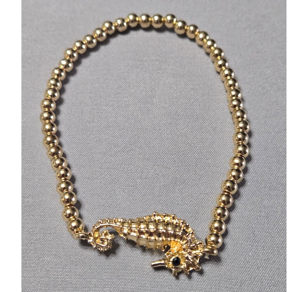 Gold Tone Beaded Seahorse Stretch Bracelet